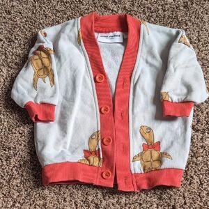Mini Rodini Gray Cardigan with Coral Trim and Turtle Motif